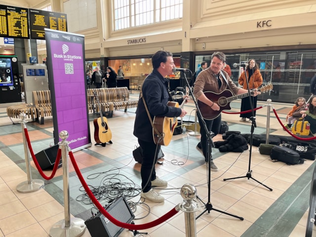 The Dunwells headlining the launch of Busk in Stations at Leeds, Network Rail (1)
