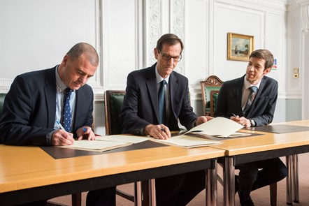 Michelin-Scotland Alliance signing of Memorandum of Understanding.  l-r Steve Dunlop, CEO Scottish Enterprise, Remi de Verdilhac, Secretary General Michelin & Councillor John Alexander, leader of Dundee City Council