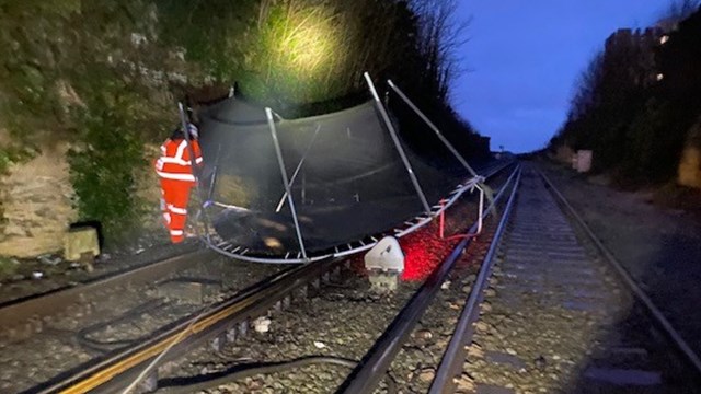 Trampoline blown onto Merseyrail tracks at New Brighton March 11 2021