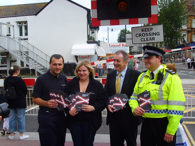 Paignton Level Crossing Awareness Day: L-R: Chris Drayton (Network Rail), Kirsty Anderson (Network Rail), Adrian Sanders MP, BTP