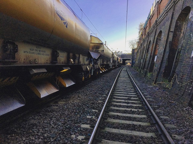A ballast train sits at Kentish Town during sab track renewal on 28 December 2017