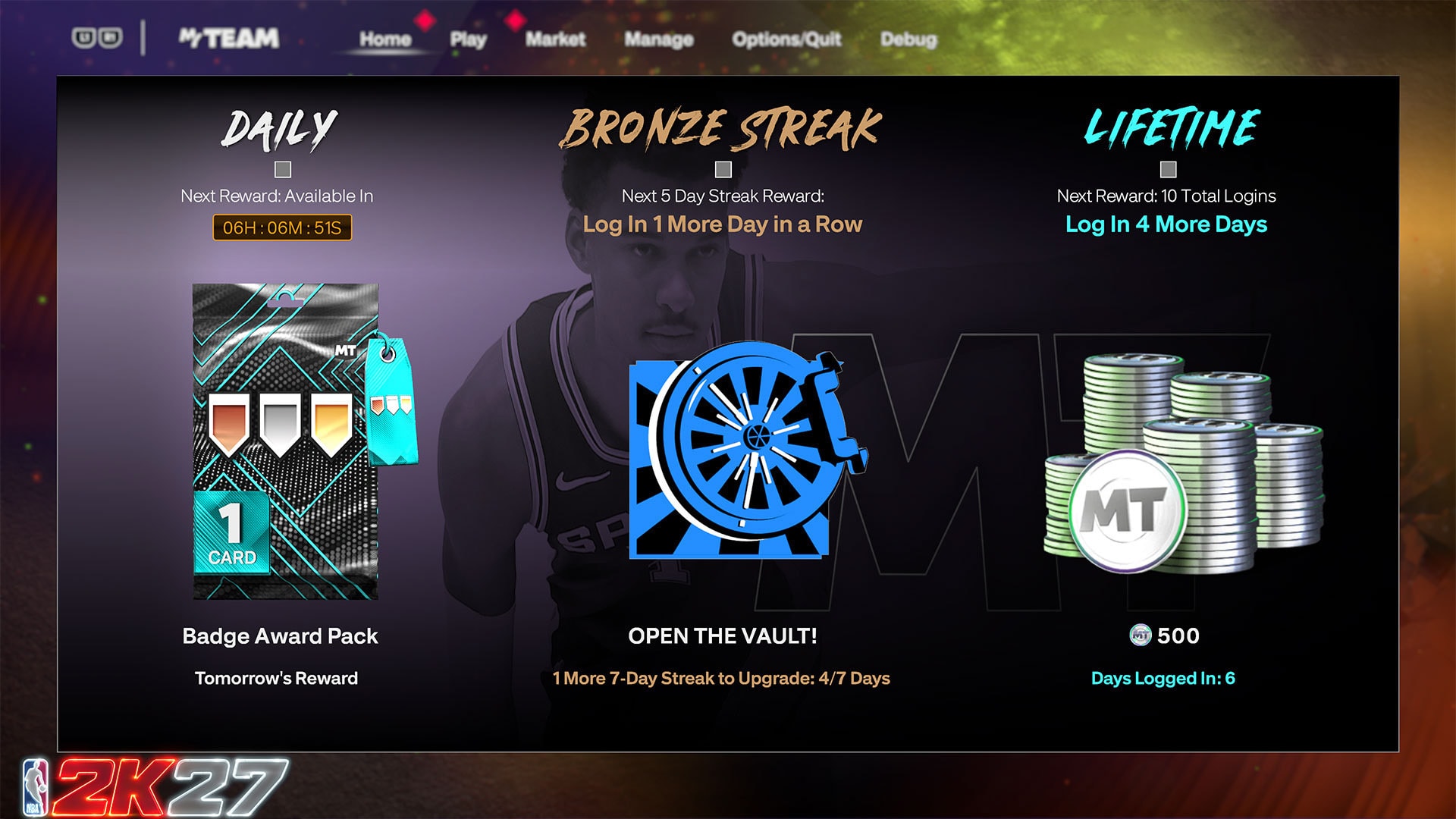 NBA 2K27 MyTEAM Daily, Bronze Streak and Lifetime login reward tracks