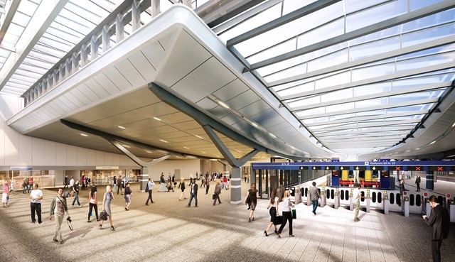 London Bridge - Shard Internal Concourse: The Shard concourse at London Bridge station as it will be when Thameslink completes in 2018, with new retail, more space and more light