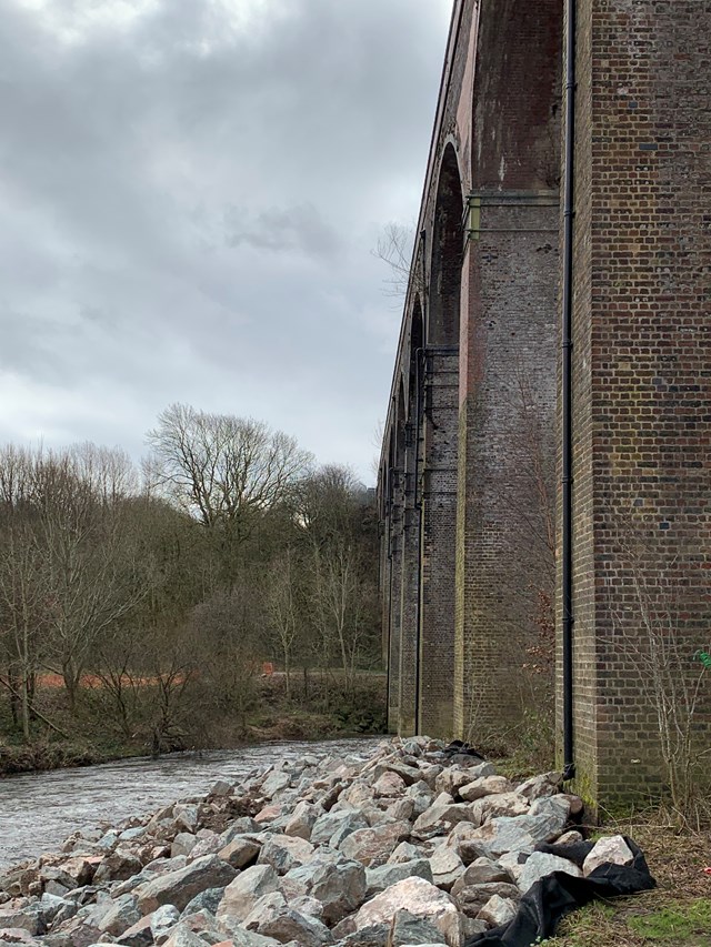 Side shot of the brick piers of Reddish Vale viaduct