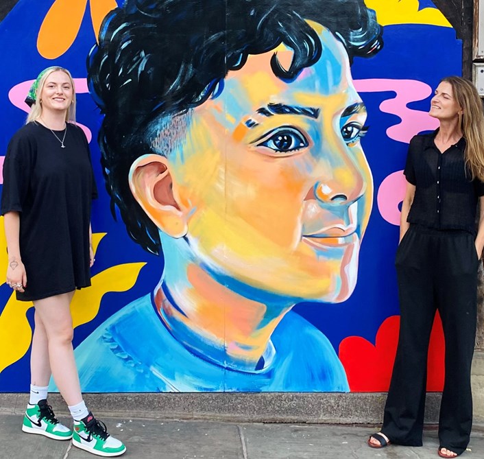 Merrion Gardens 2: Mural artist Melody Sutherland (left) with mum Nicola in front of the new artwork in Merrion Gardens.
