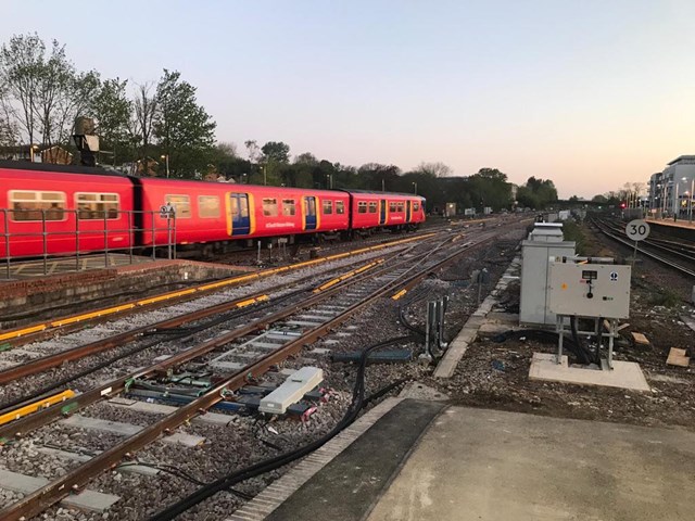 One of the first trains over the new track at Guildford