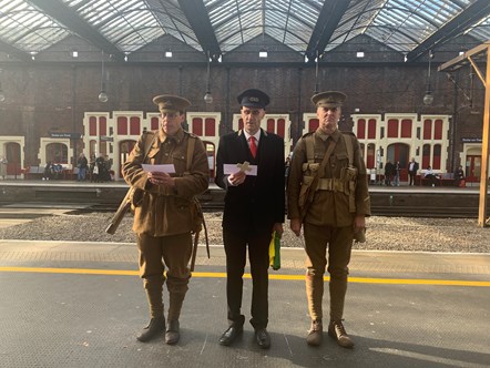 L - R: Mark Smith (North Staffordshire Railway Study Group Chair), Nick Hill (Avanti West Coast Customer Service Assistant), Rob Wantling (Volunteer at The Staffordshire Regiment Museum)  remember local railway workers who served in World War I