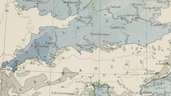 Historic map reveals how mussel farm is bringing shellfish reefs back to the Devon seabed: A section of the 1871 map showing 'rich shell beds' along the coast of Lyme Bay in South Devon (Credit - Hannah Wisdom)