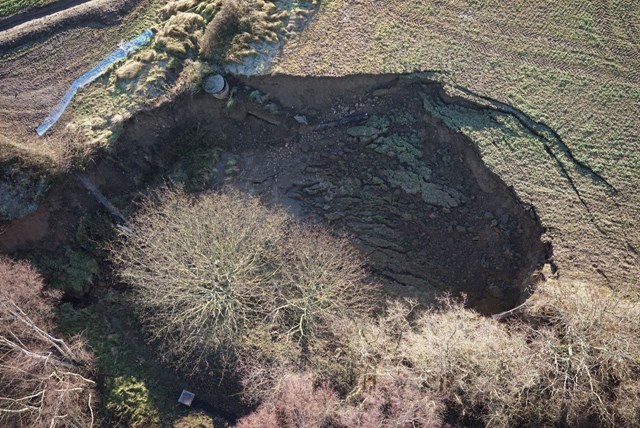 Network Rail sets out plans to fully re-open the Newcastle to Carlisle line: Aerial image of Farnley Haugh landslip 1