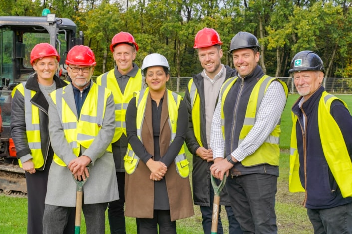 Woodhall Sports Hub group photo: From left to right: (L-R): Hannah Simpson from West Riding FA, Sean Birdsall from Modcon, Mark Coulson from Leisure United, Councillor Salma Arif, Jack Matthews from Football Foundation, Stephen Miller from CLS and Adrian Swain from CLS.