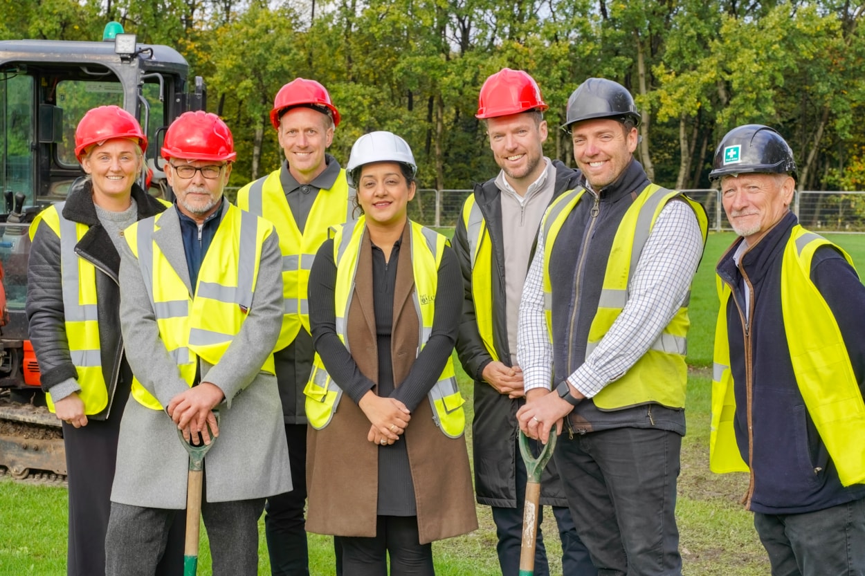 Woodhall Sports Hub group photo: From left to right: (L-R): Hannah Simpson from West Riding FA, Sean Birdsall from Modcon, Mark Coulson from Leisure United, Councillor Salma Arif, Jack Matthews from Football Foundation, Stephen Miller from CLS and Adrian Swain from CLS.