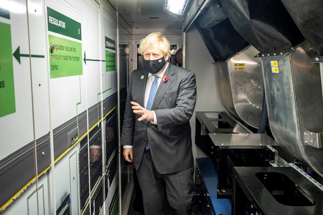 Boris Johnson visits the HydroChamber which stores hydrogen which will power Porterbrook's HydroFLEX train