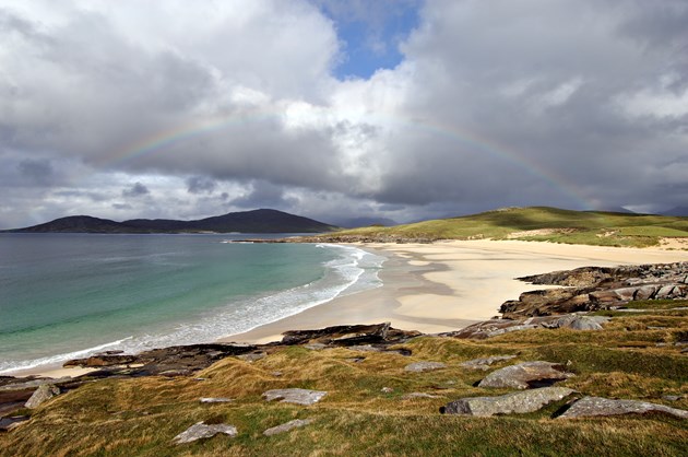 Green marine environment fund distributes £3.2m to 45 Scottish projects: SMEEF - Beach and rainbow at Traigh Lar, Horgabost, Isle of Harris, Western Isles Area. Credit Lorne Gill-NatureScot-2