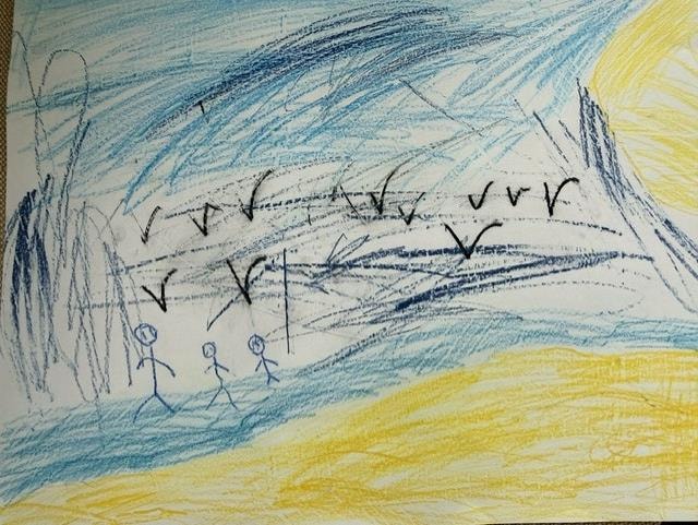 Foster 4 Leeds Light Night - sea: A drawing created by a five-year-old girl living in foster care, of the beach and sea at Filey. His drawing has been merged with an eight-year-old boy's drawing of a beach trip, into a neon rope light for Light Night Leeds.