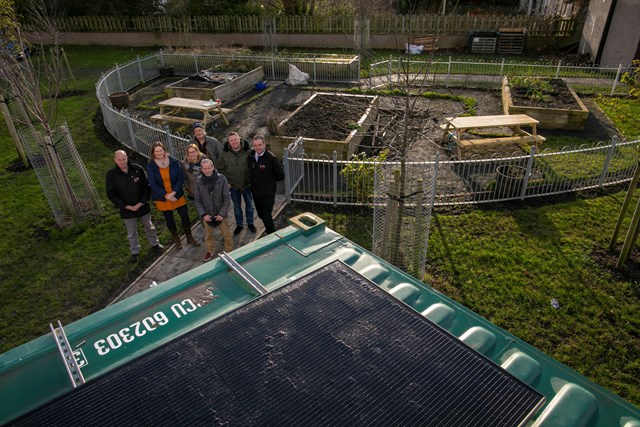 JGM join volunteers, ward Cllr Sanne Dijkstra-Downie, Council officer George Norval and Adrienne Mee from Fresh Start at the solar powered community growing area - image credit City of Edinburgh Council