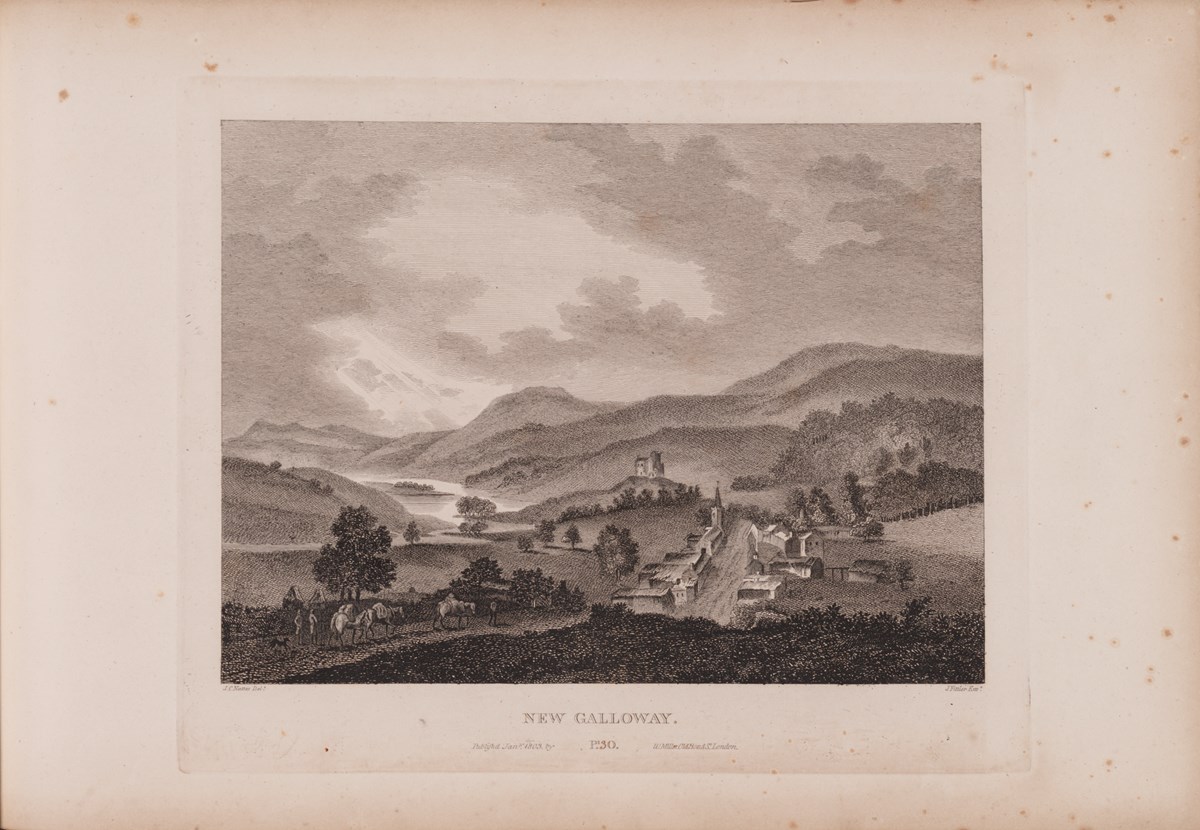 An engraving of a view of New Galloway from 'Scotia Depicta' (1804). The book contains more than 100 pictorial works and text pages relating to 19th century Scotland's antiquities, cities towns and picturesque scenery. Contains engravings of abbeys, castles, public buildings, battle grounds, harbour