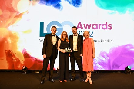 LGC Community Involvement: Cllr Jenny Forde and Joseph Walker receiving the Community Involvement Award at the Local Government Chronicle Awards