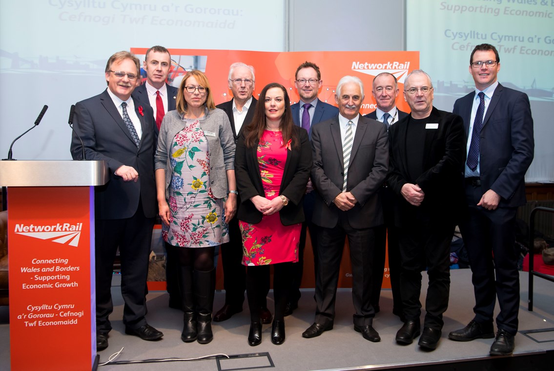 The Economy Infrastructure and Skills Committee at the Pierhead event: The Economy Infrastructure and Skills Committee at the Pierhead event pictured here with Lynne Milligan, customer services director for Arriva Trains Wales (third left), Pete Waterman (fourth left) Bill Kelly, chief operating officer for Network Rail in Wales and Borders (third right) and Sir Peter Hendy, CBE, Chair of Network Rail (second right)