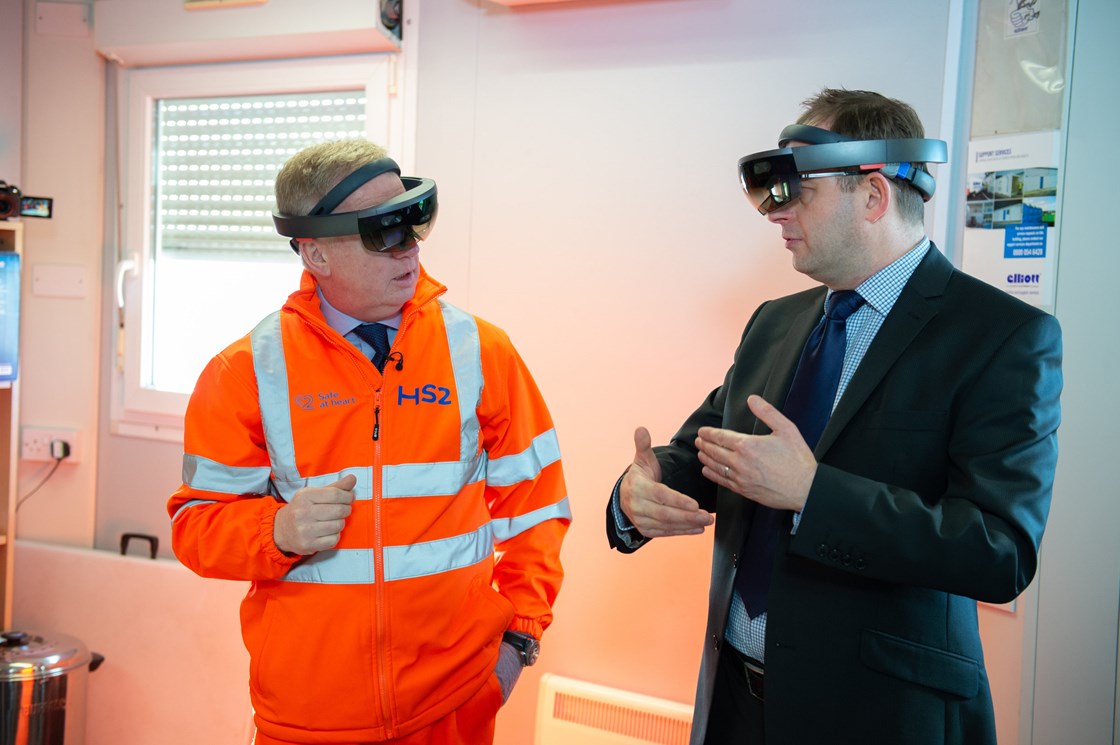 Augmented Reality at Old Oak Common Station with Mark Thurston March 2020: Credit: HS2 Ltd
Mark Thurston at Old Oak Common railway station, London, 9th March 2020. Mark Thurston, CEO HS2, visits the construction activity at the Old Oak Common site, using the augmented reality headset, being interviewed by London media and talking about plans for the Old Oak Common site
Internal Asset No. 15215