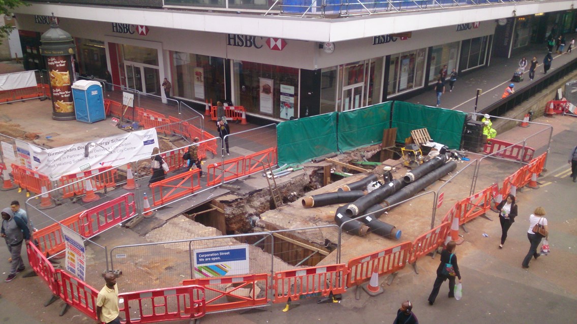 City centre district heating pipes being laid for combined heat at power station at Birmingham New Street 2: City centre district heating pipes being laid for combined heat at power station at Birmingham New Street 2