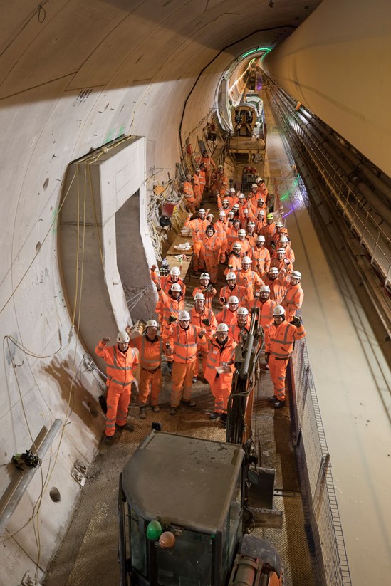 Tunnellers celebrate first access from a vent shaft to the tunnel 51042