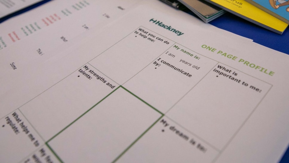 A form with the Hackney logo and the title One Page Profile, with cells with the text to be filled: What you can do to help me, My name is, I am years old, What is important to me, My strengths and talents, My dream is to, What helps me to regulate