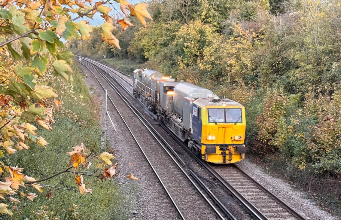 Leaf busting train on a circuit - Leaf-busting trains like these will treat tracks and remove leaf residue across our network.