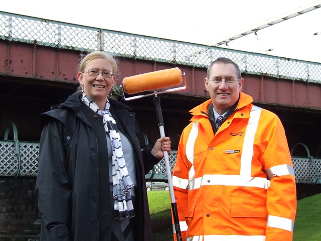Coatbridge facelift 2: (L to R) Elaine Smith MSP and Network Rail's Duncan Sooman prepare for the painting of two of Coatbridge's iconic bridges.