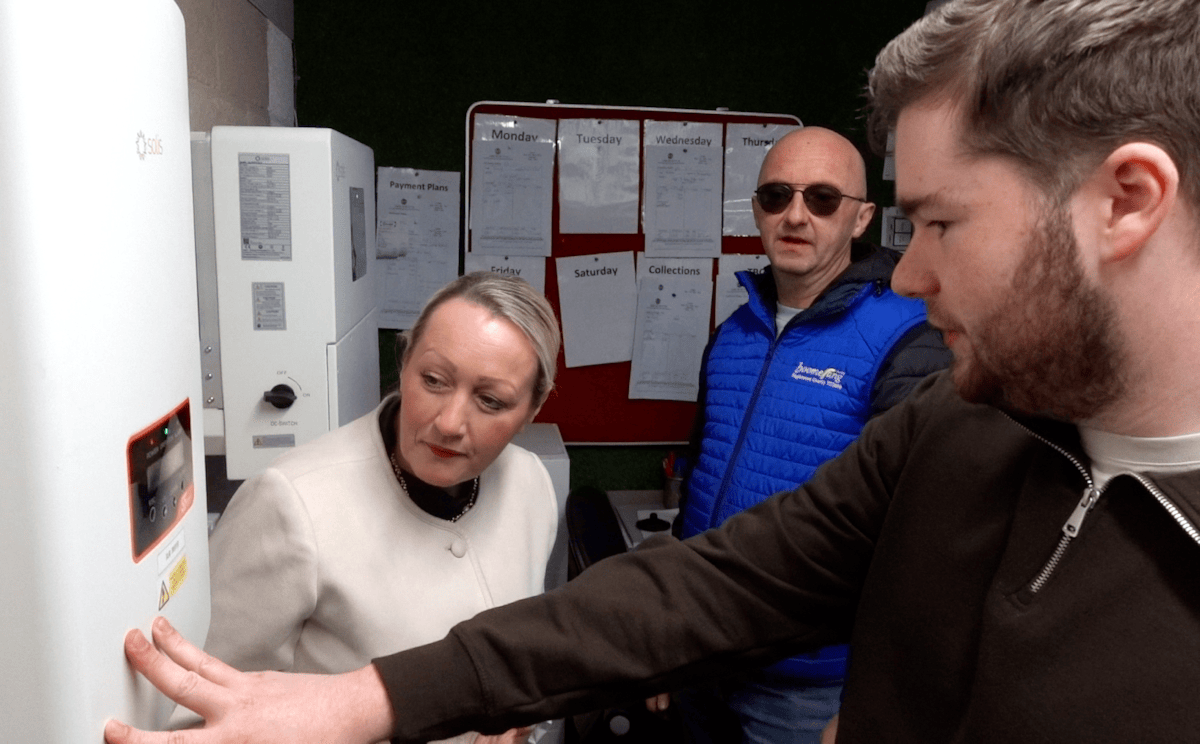 Cabinet Secretary Rebecca Evans at Boomerang Cardiff. CEO Paul Gwilym (in glasses)