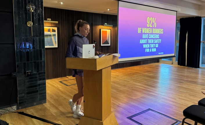 Alex Bell speaking: A launch event for the JogOn campaign was hosted at the Royal Armouries on 24 September, with speakers including the Mayor of West Yorkshire Tracy Brabin and Olympian athlete Alex Bell. Leeds Dock Running Club then led a run through the city centre finishing at City Square.