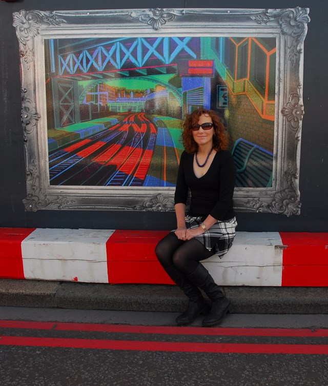 Gail Brodholt with her artwork on Blackfriars Bridge