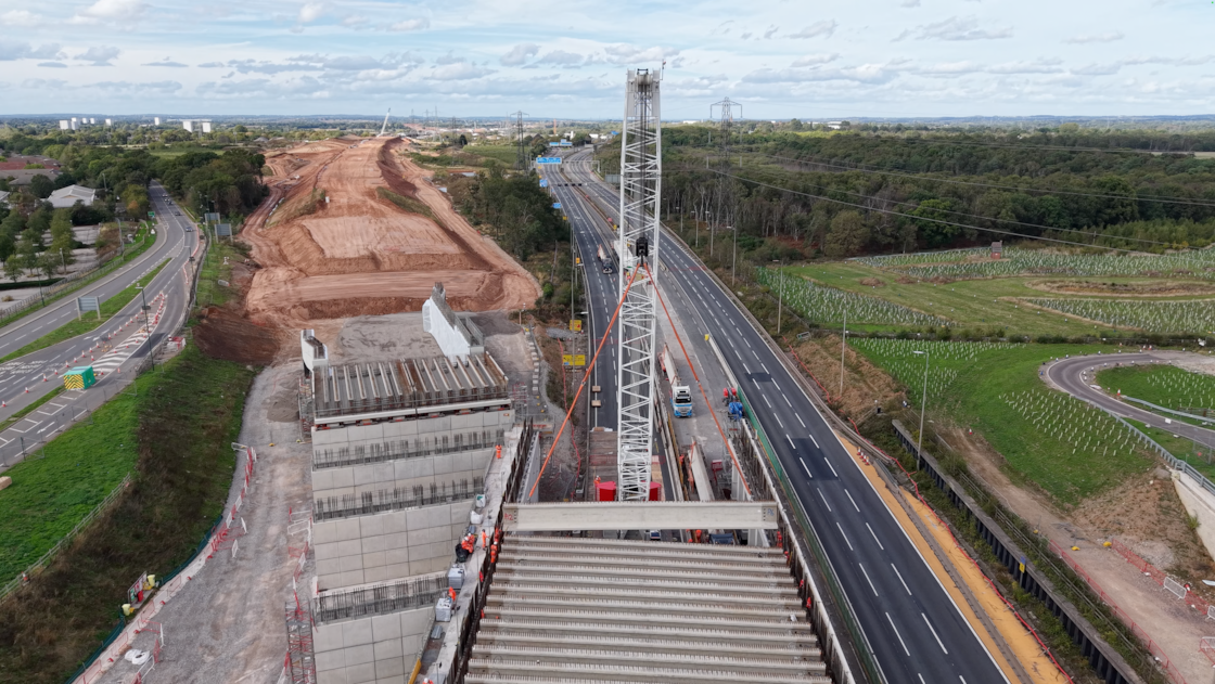 Aerial image of the deck beams being lifted for the M42 twin box September 2026