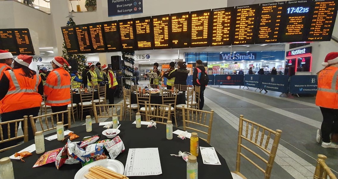 Birmingham New Street Christmas Eve Meal 2019 - tables set on the concourse