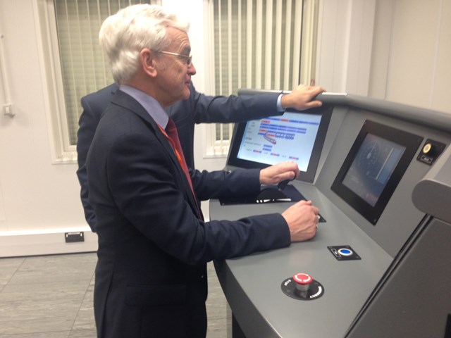 Martin Vickers with the Hitachi ETCS driving simulator: All Party Parliamentary Rail Group, APPG, ETCS, European Train Control System, National Integration Facility, ENIF, Hitachi