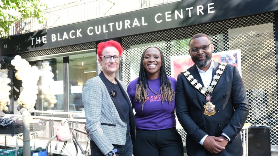 Cllr Sheila Chapman (left) stood with Jasmine Cannon-Ikurusi, CEO of Sapphire (middle) alongside Mayor of Islington Cllr Jason Jackson (right) outside the Black Cultural Centre cropped