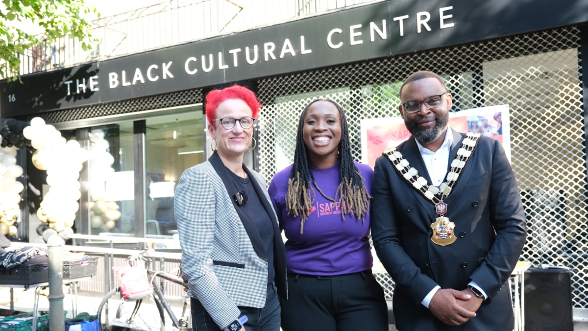 Cllr Sheila Chapman (left) stood with Jasmine Cannon-Ikurusi, CEO of Sapphire (middle) alongside Mayor of Islington Cllr Jason Jackson (right) outside the Black Cultural Centre cropped