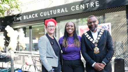 Cllr Sheila Chapman (left) stood with Jasmine Cannon-Ikurusi, CEO of Sapphire (middle) alongside Mayor of Islington Cllr Jason Jackson (right) outside the Black Cultural Centre cropped