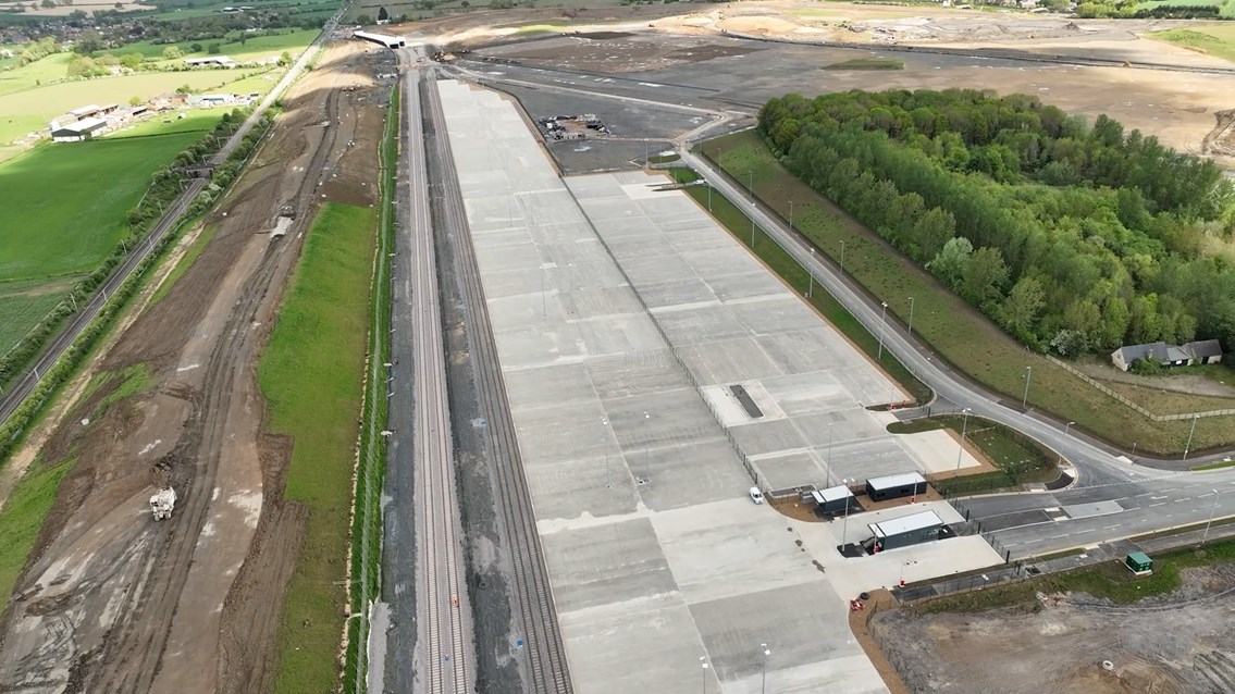 Aerial shot showing where containers will be stored at the new Northampton rail freight terminal