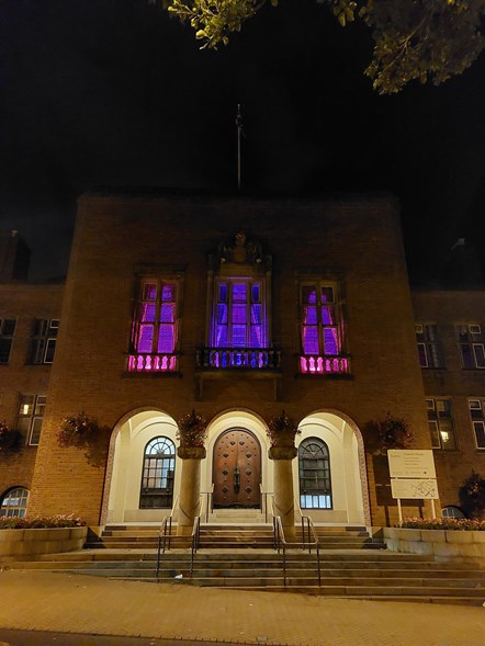 Council House lit in pink and blue