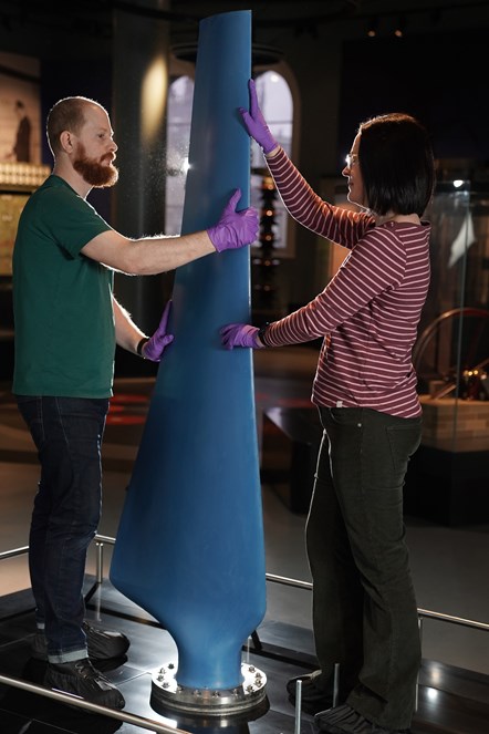 Curator Ellie Swinbank and conservator Alex Walton install the Nova tidal turbine blade at the National Museum of Scotland. Image © Stewart Attwood (2)