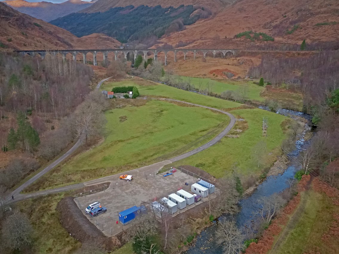 Glenfinnan Viaduct is the back drop to railway protection work: Glenfinnan Aerial Photo (1)