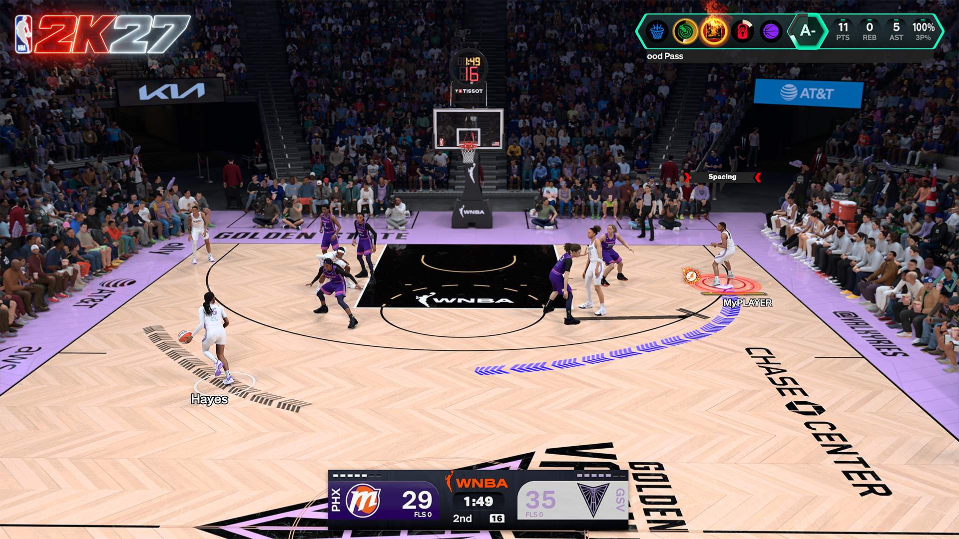 NBA 2K27 WNBA gameplay screenshot showing a MyPLAYER matchup between the Phoenix Mercury and Golden State Valkyries