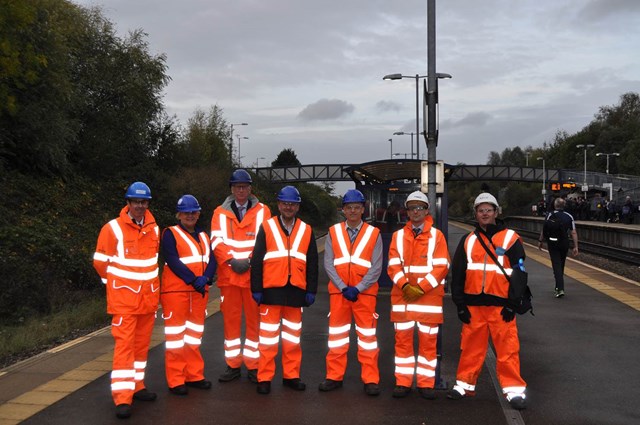 Filton Four Tracks - members of the project team and partner agencies: Photograph taken at Filton Abbey Wood station. Left to right: Richard Hogg, project director -  Taylor Woodrow; Janet Kings, strategic public transport manager - South Gloucestershire Council; Bob Lloyd, contracts director - Taylor Woodrow; Cllr Bradshaw, deputy mayor of Bristol City Council; Andrew Davis, senior transport manager - Bristol City Council; Matt Haywood, project manager - Network Rail; Rory Deachar, member of the Arap design team