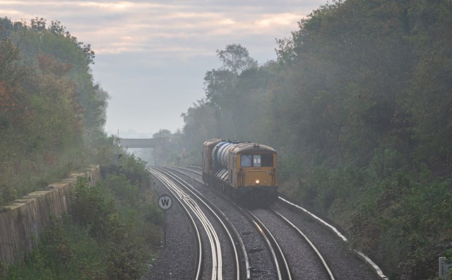 A rail head treatment train in the mist outside Whitstable