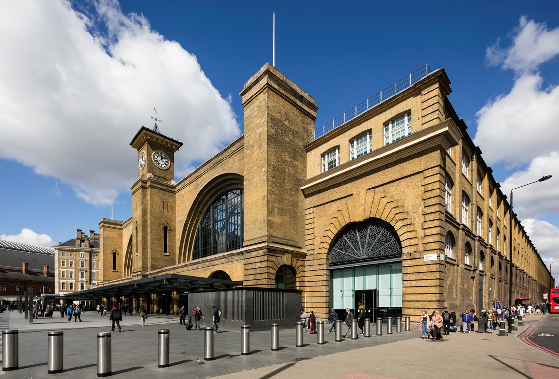 King's Cross railway station - from outside and showing bollards: clock tower
king's square
king's cross
railway station
train station