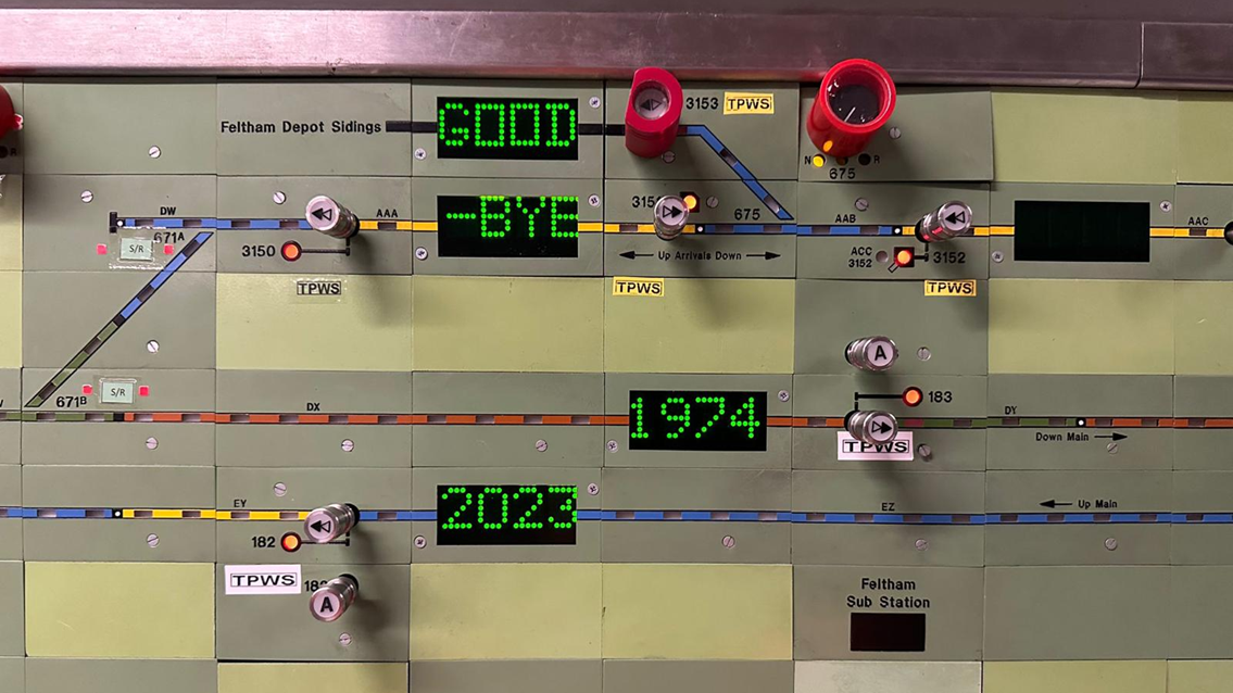 A commemorative panel at Feltham Area Signalling Centre: Control of the newly installed digital signalling will move from Feltham Area Signalling Centre to the Basingstoke Rail Operating Centre.