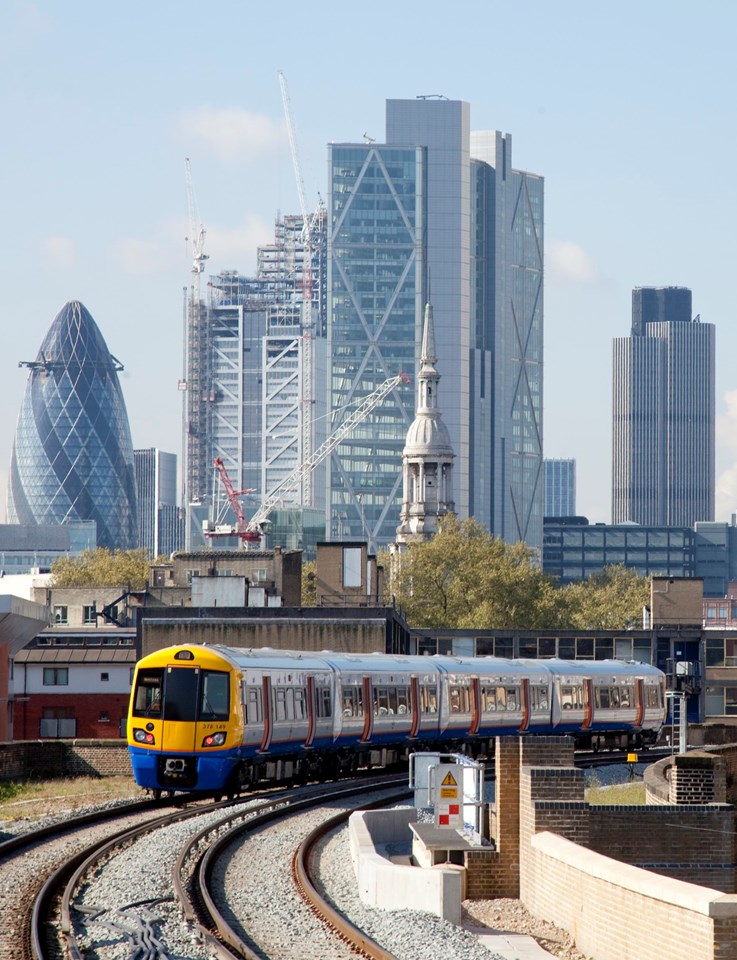 London Overground service with The City behind: London Overground service with The City behind