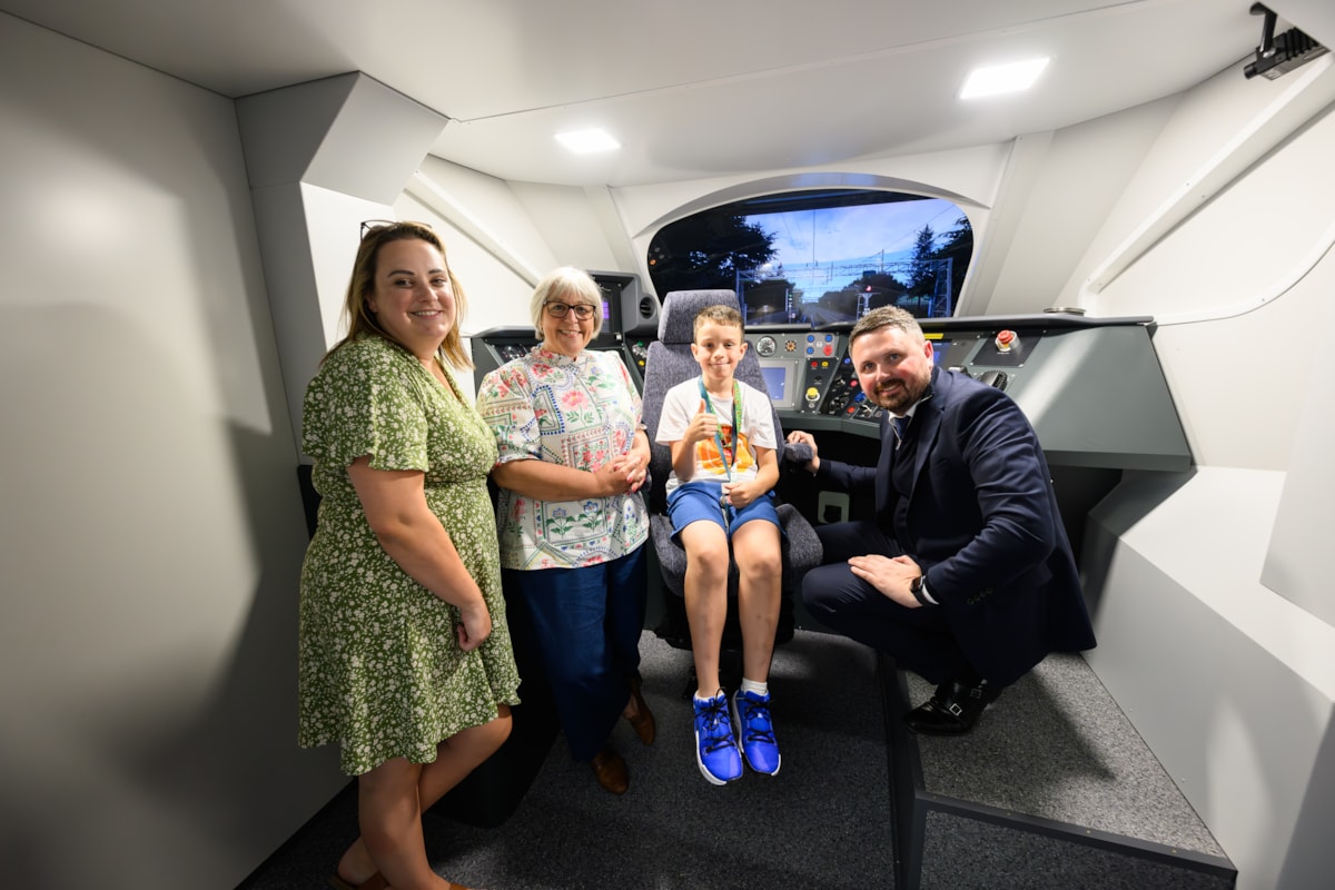 Left to Right: Charlie Emmett (Joshua's mum), Joanna Buckley (Avanti West Coast Community Manager), Joshua Emmett, and Paul Scott (Avanti West Coast Driver Team Manager) visited the Pendolino simulator as part of the train driver experience