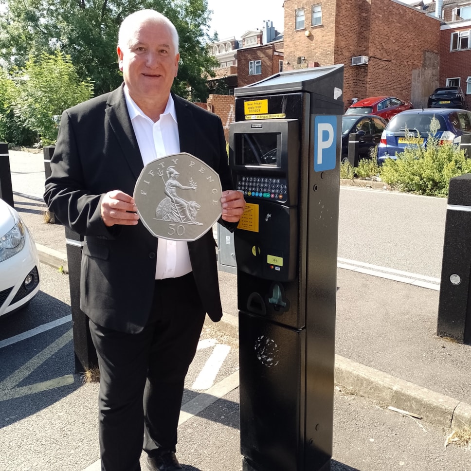 Cllr Patrick Harley promoting the new 50p parking rate-2