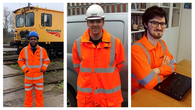 Three rail apprentices share their experience of on the job train-ing to celebrate National Apprenticeship Week: Anglia Apprentices group